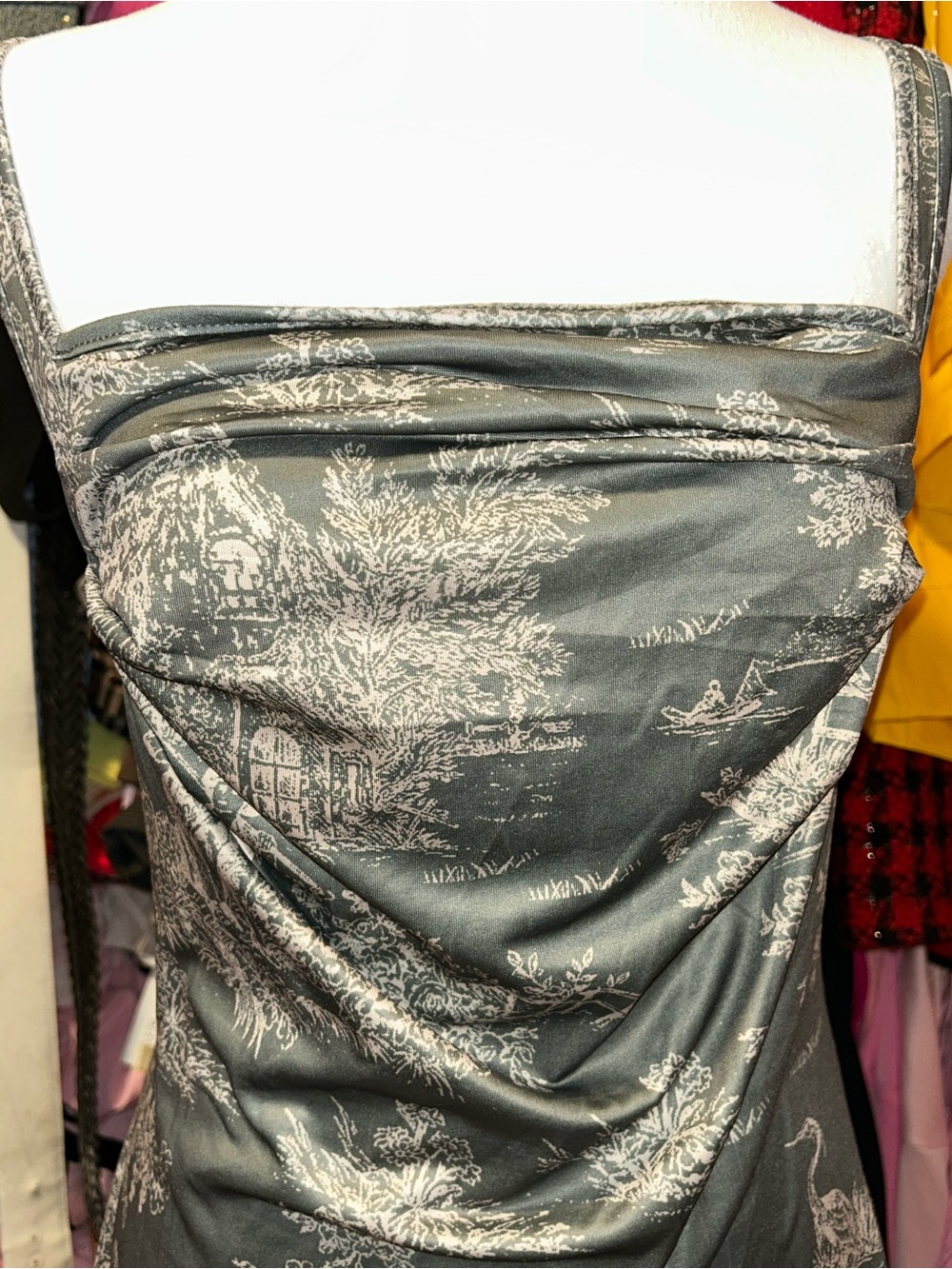 Cider Forest Green Toile-Print Satin Mini Dress - Picture 3 of 4